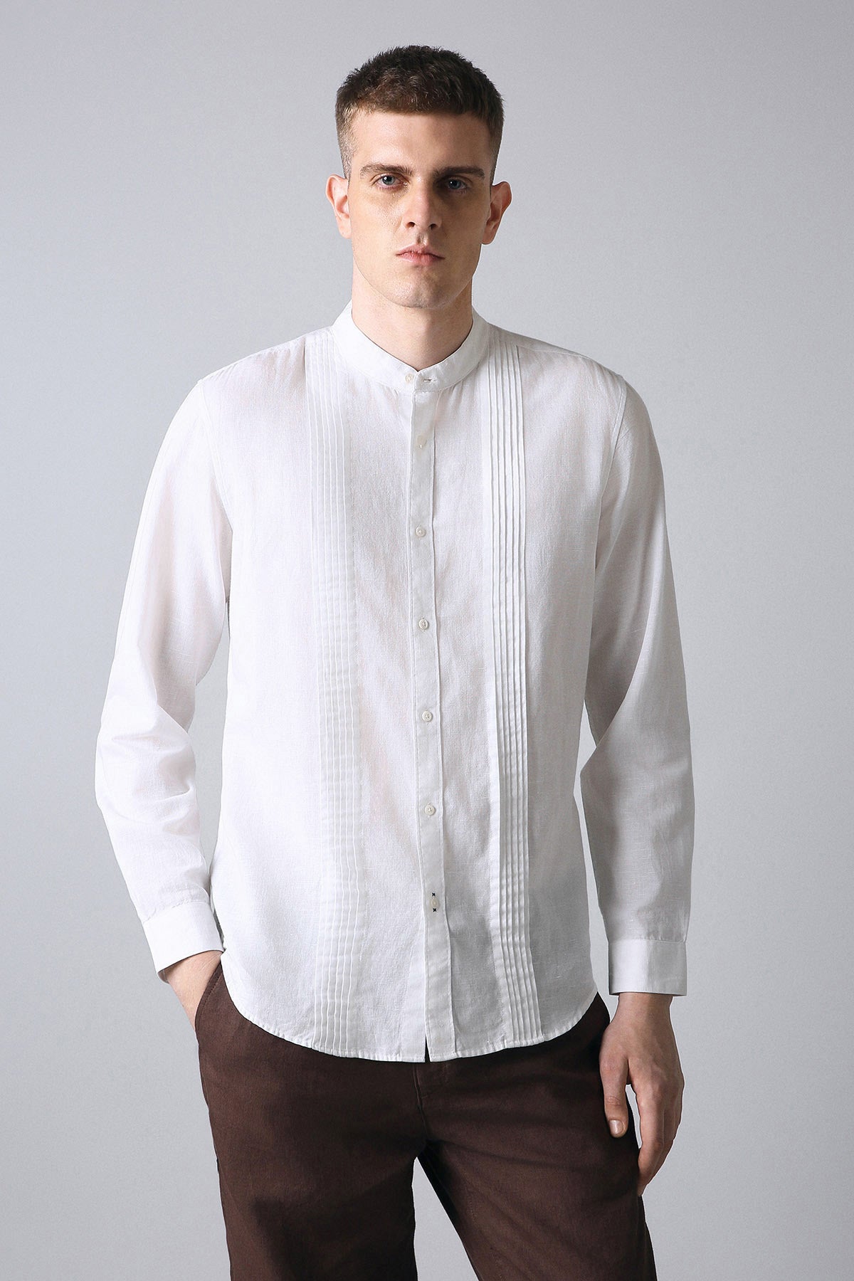 Men's White Pintuck Linen-Cotton Mandarin Collar Shirt