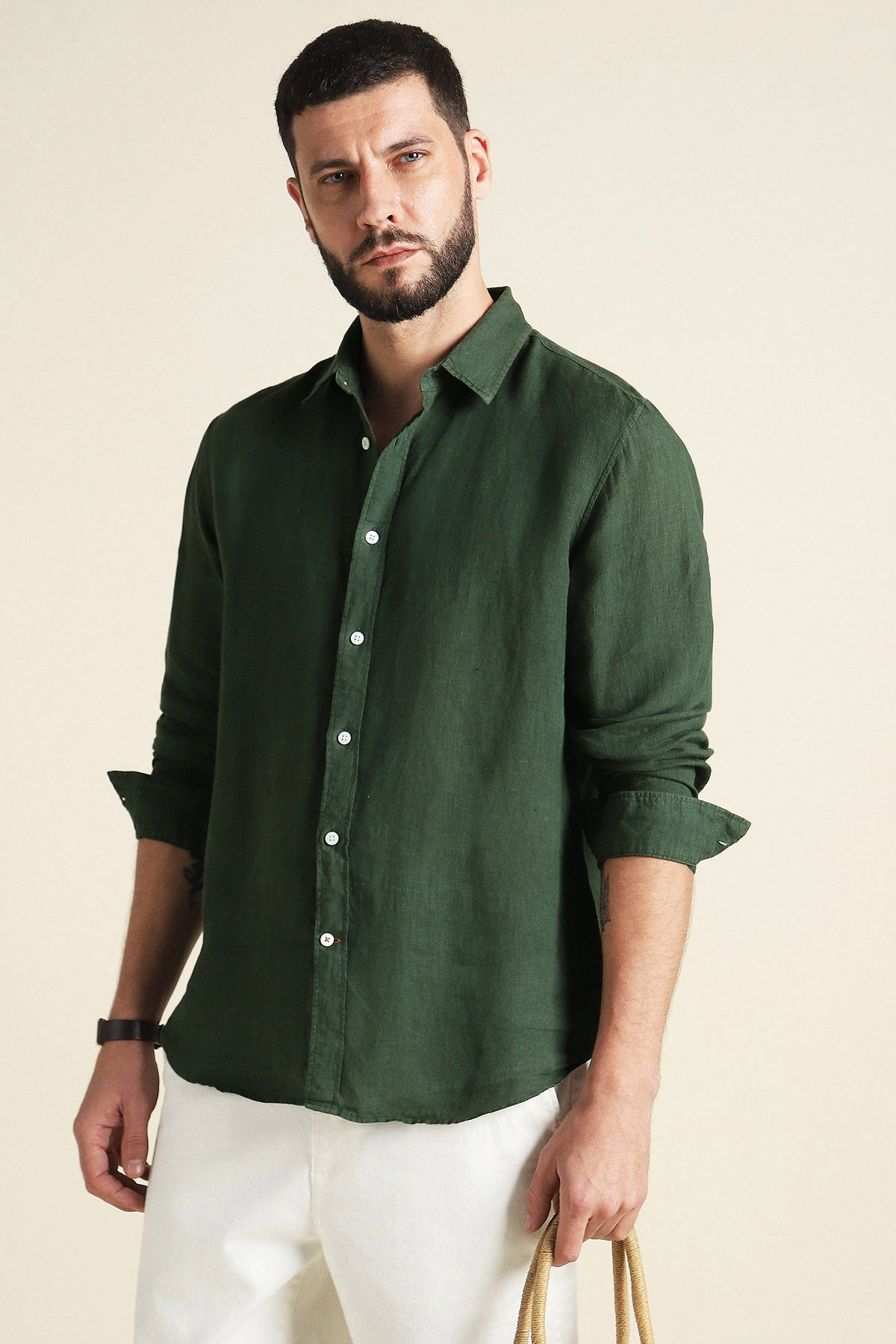 Men's Bottle Green Pure Linen Casual Shirt