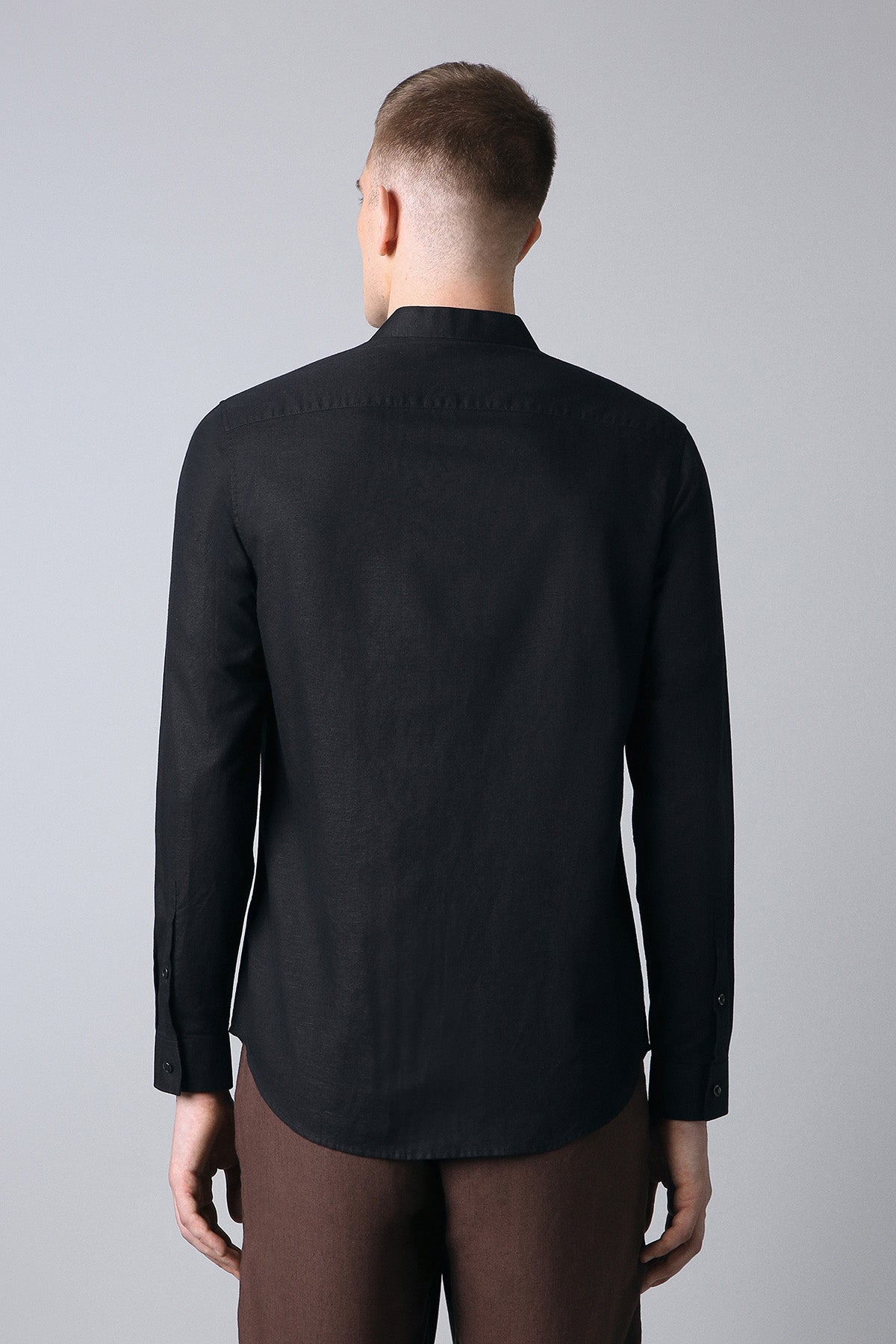 Men's Black Pintuck Linen-Cotton Mandarin Collar Shirt