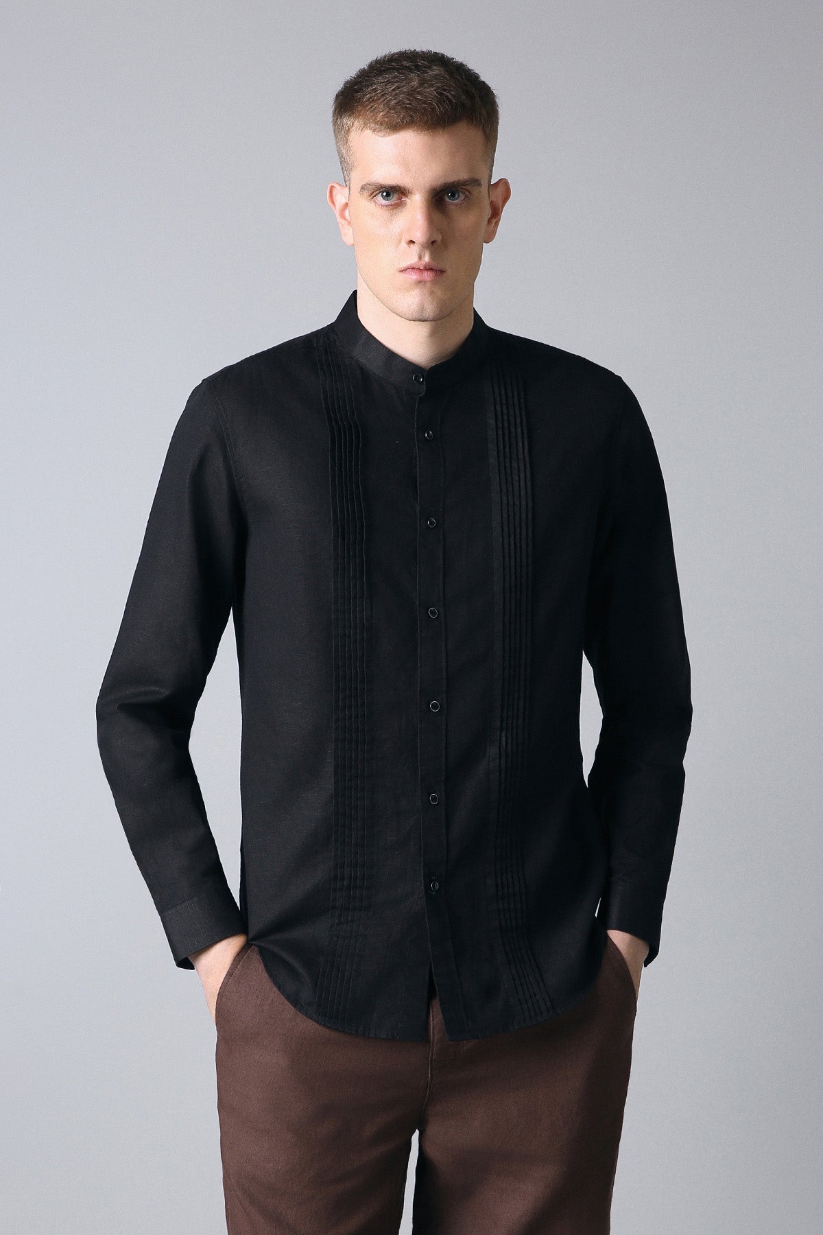 Men's Black Pintuck Linen-Cotton Mandarin Collar Shirt