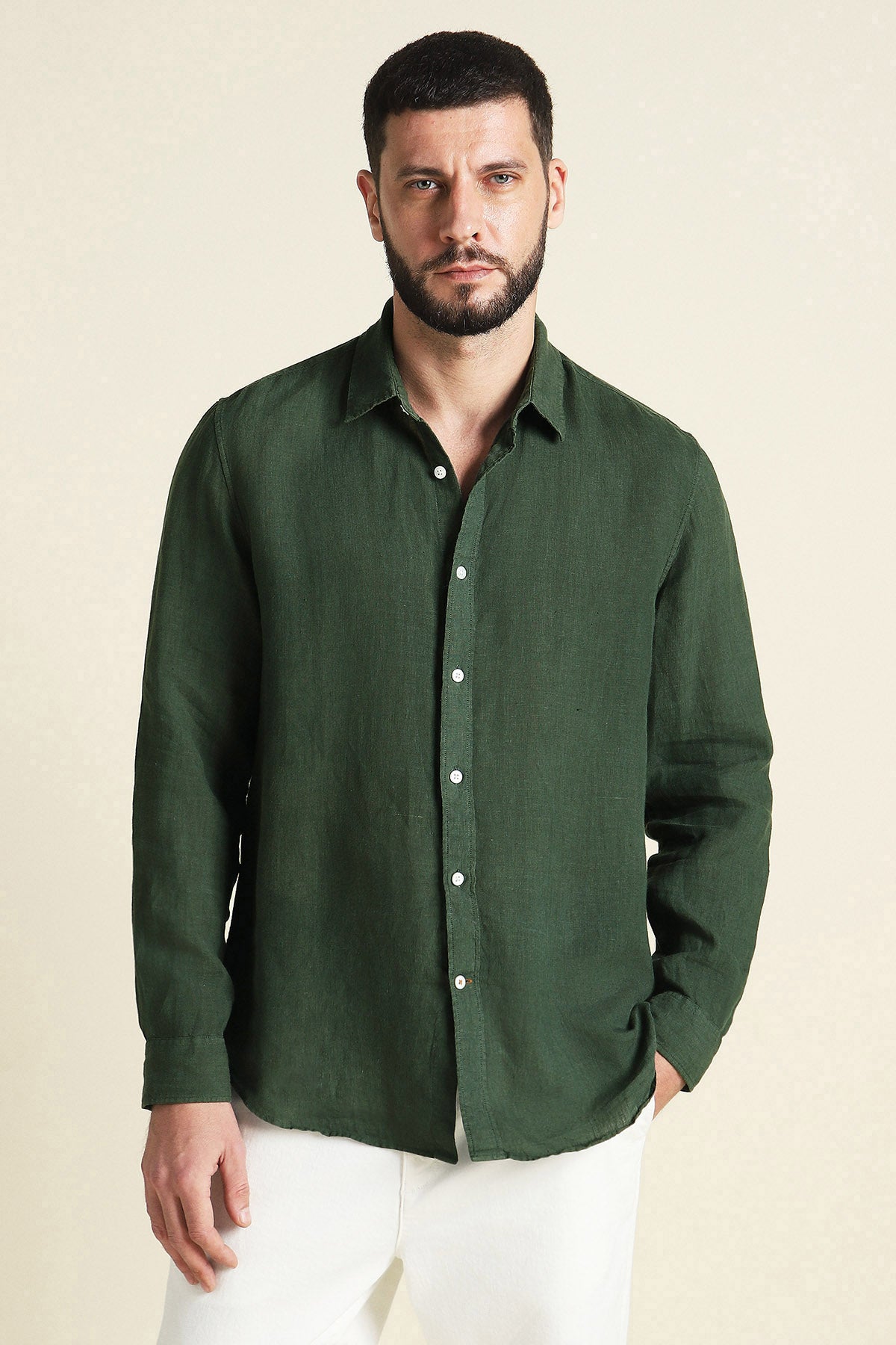 Men's Bottle Green Pure Linen Casual Shirt