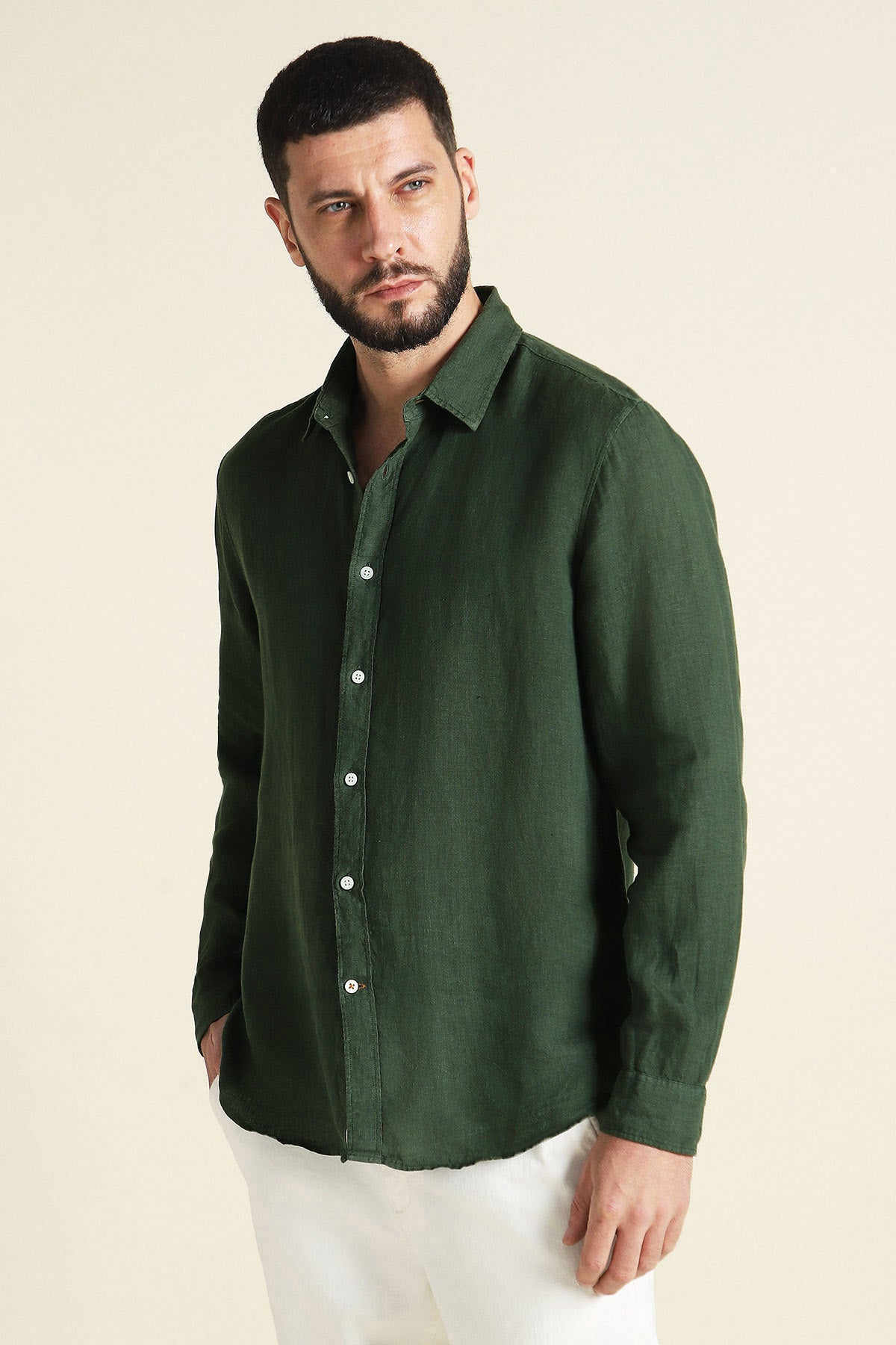 Men's Bottle Green Pure Linen Casual Shirt