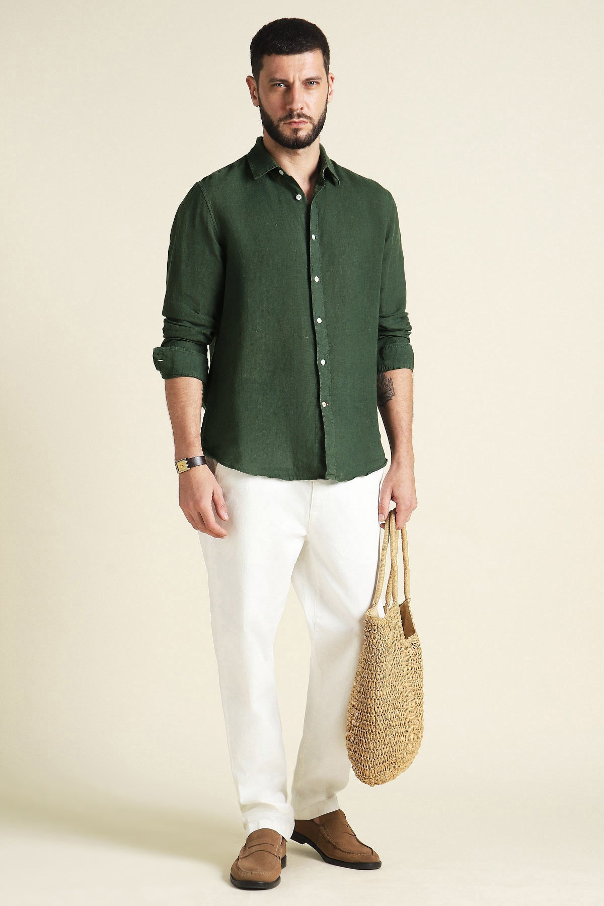 Men's Bottle Green Pure Linen Casual Shirt