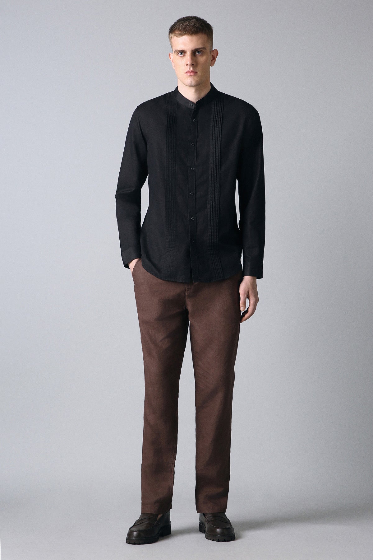 Men's Black Pintuck Linen-Cotton Mandarin Collar Shirt