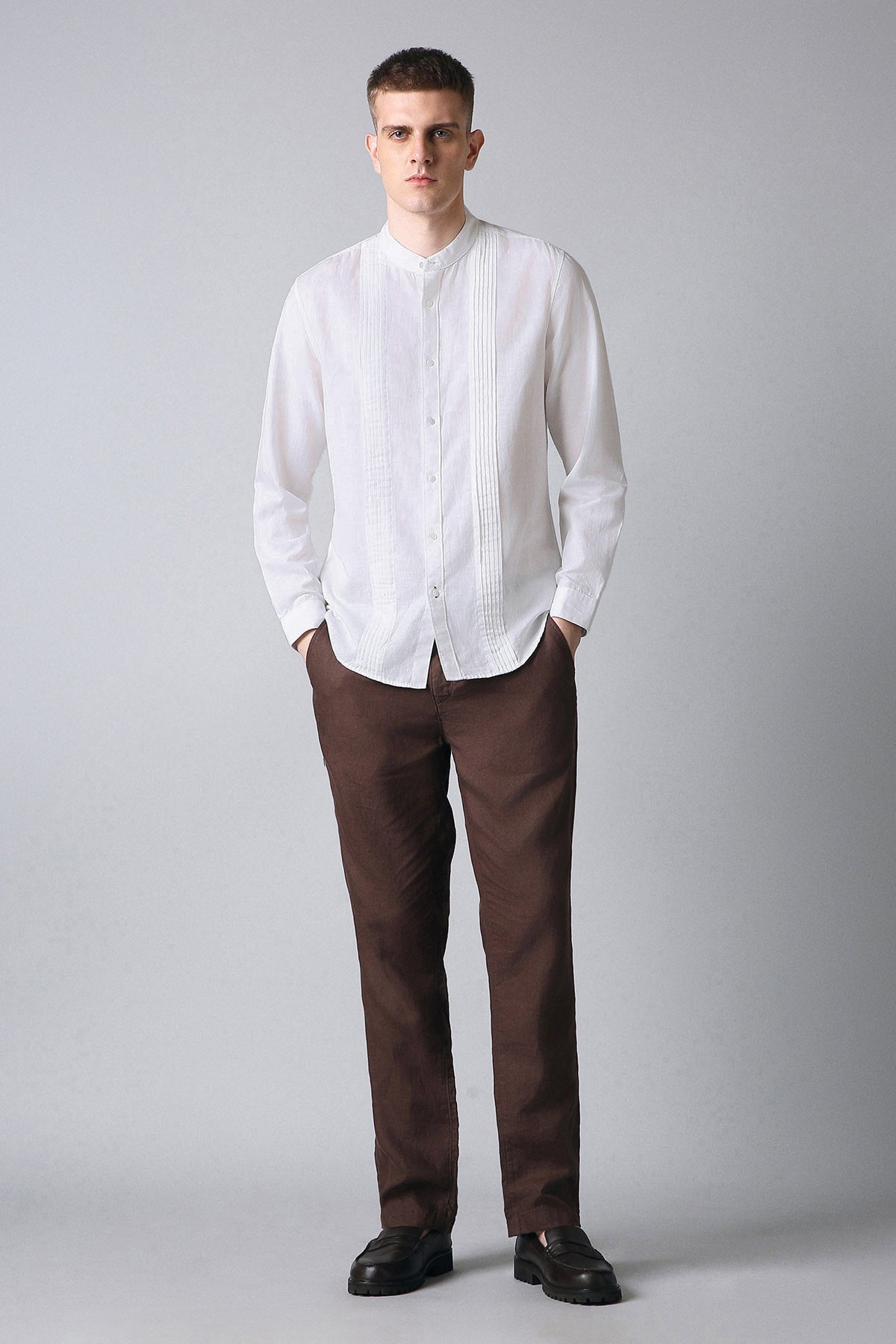 Men's White Pintuck Linen-Cotton Mandarin Collar Shirt
