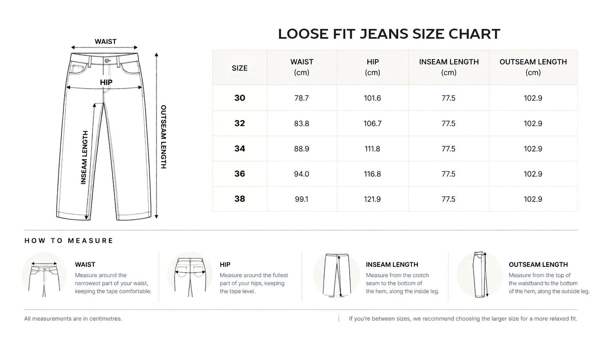 Loose Fit size chart in centimeters