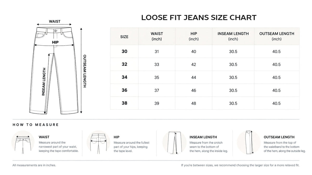 Loose Fit size chart in inches
