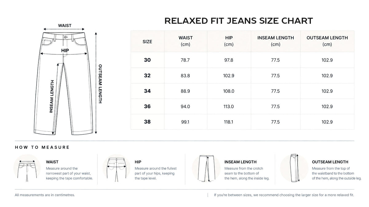 Relaxed Fit size chart in centimeters