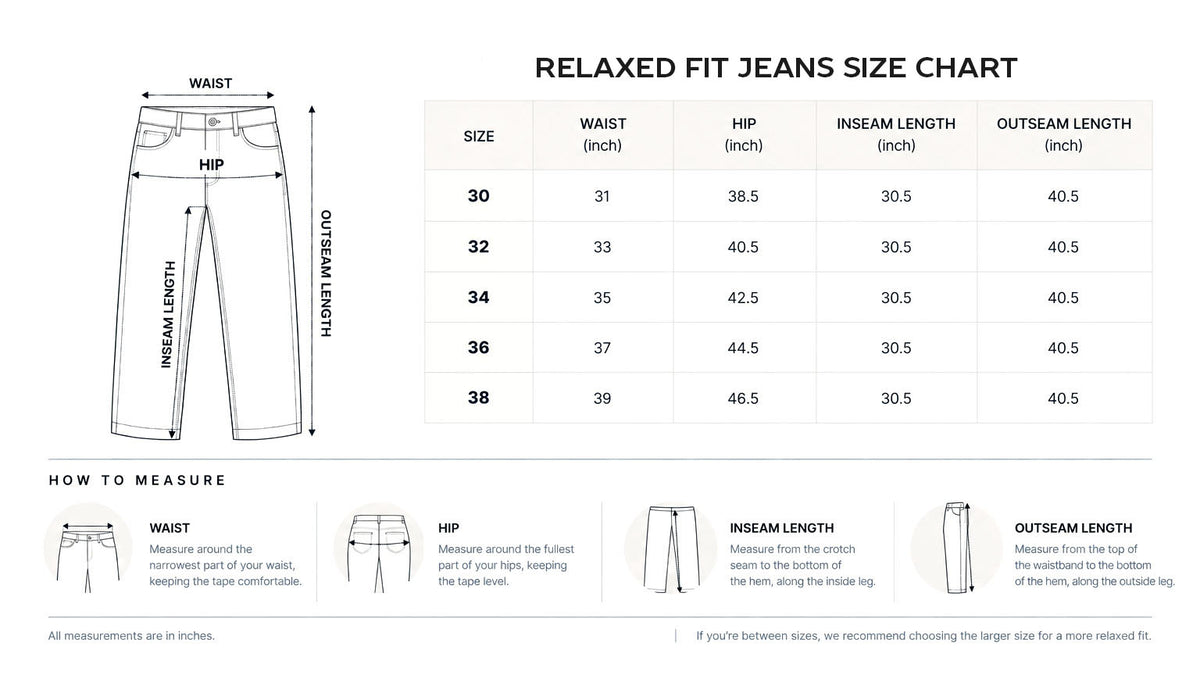 Relaxed Fit size chart in inches