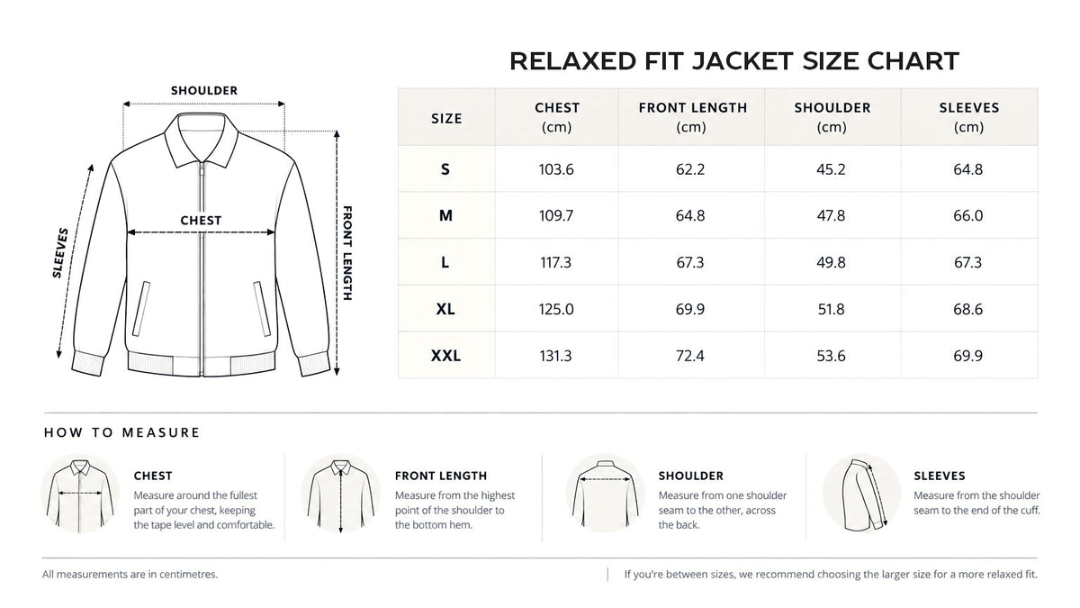 Relaxed Fit size chart in centimeters