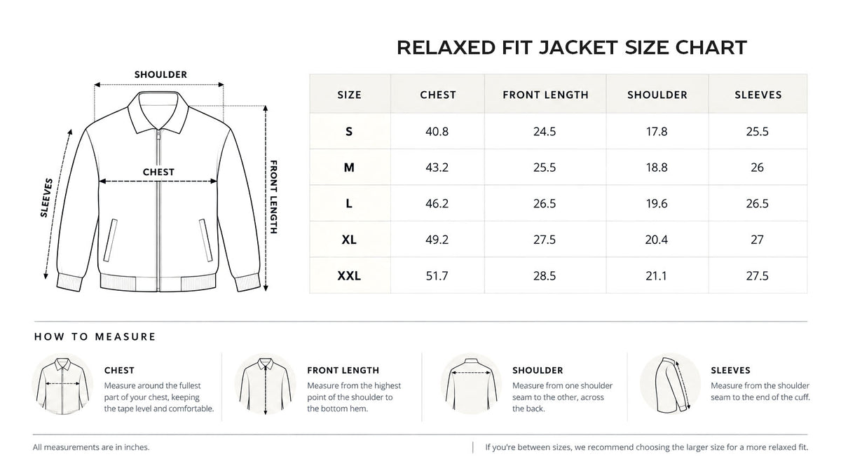 Relaxed Fit size chart in inches