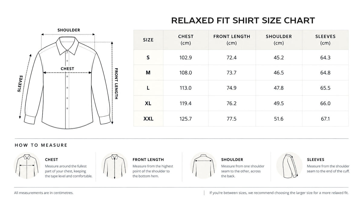 Relaxed Fit size chart in centimeters