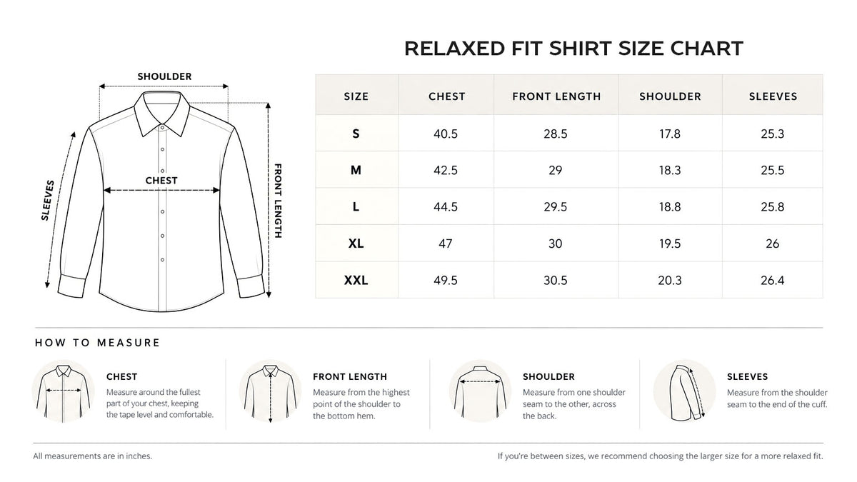 Relaxed Fit size chart in inches