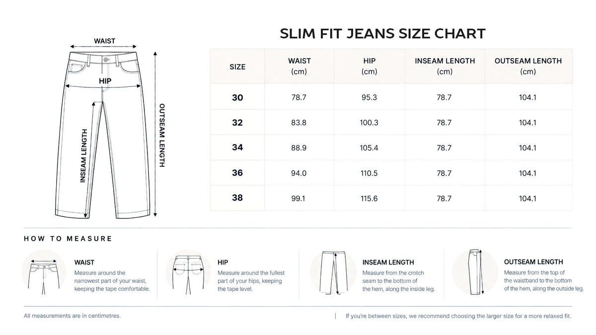 Slim Fit size chart in centimeters