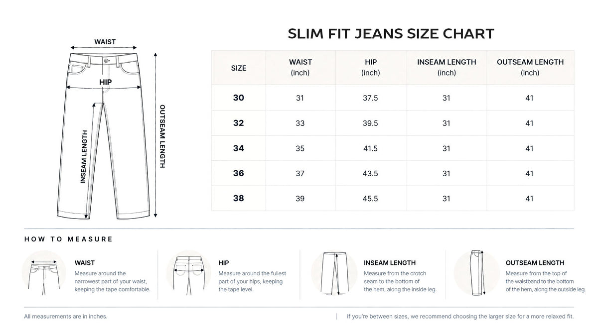 Slim Fit size chart in inches