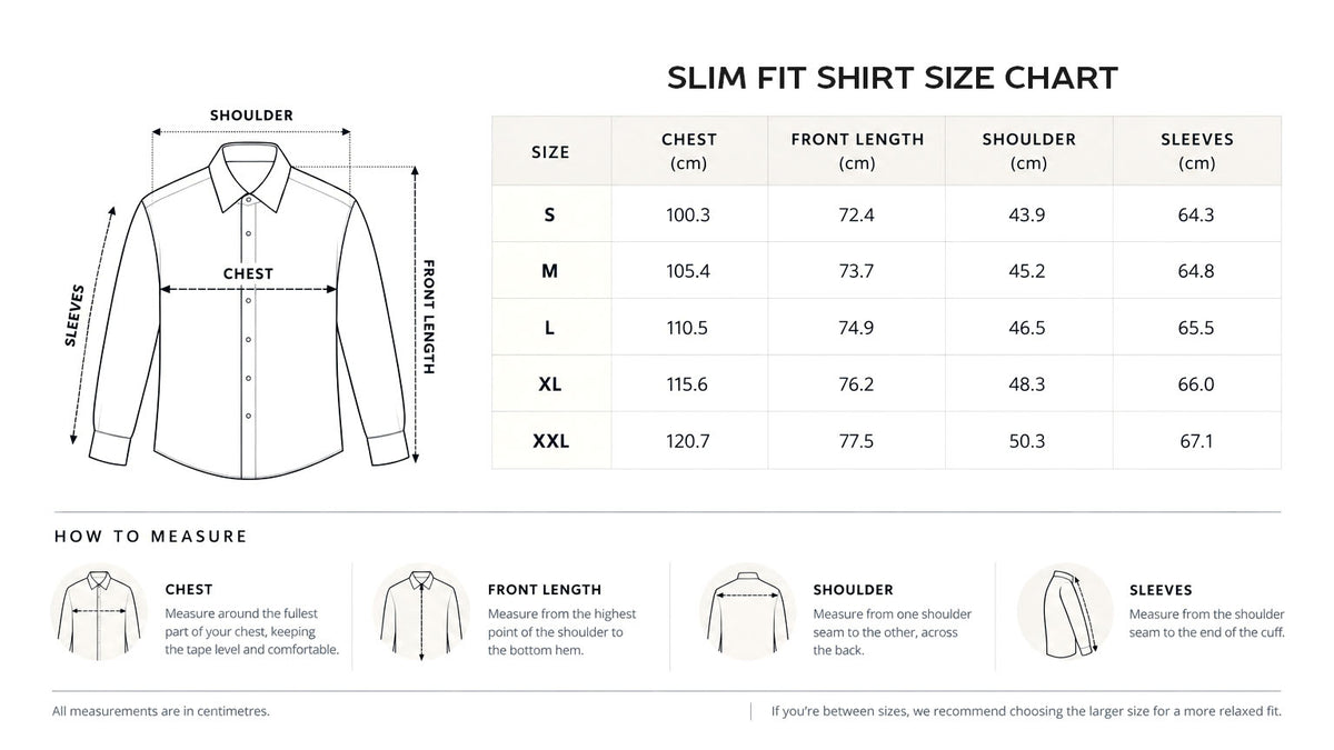 Slim fit size chart in centimeters
