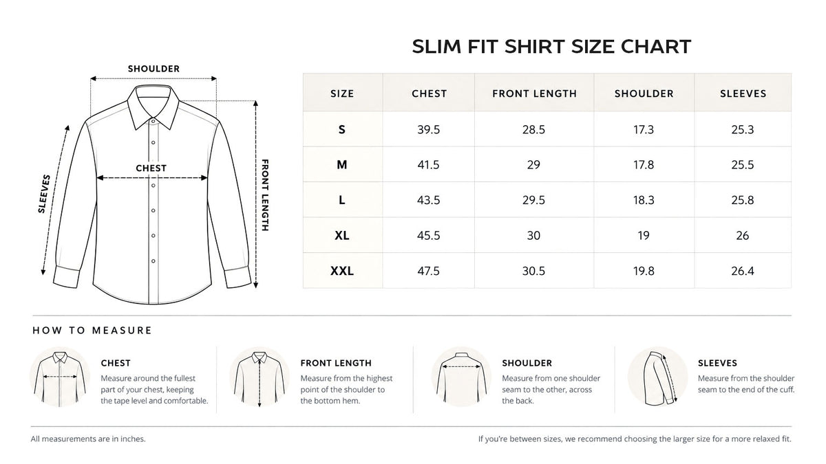 Slim fit size chart in inches